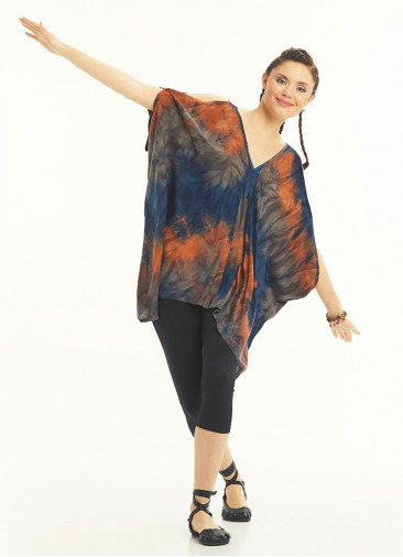 Boat Neck Loose Open Shoulder Blue Dye Blouse